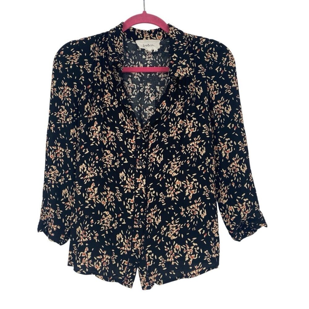 Ba&sh Size XS Black Venus Print Button Front V Neck Floral Blouse Eyelet Trim